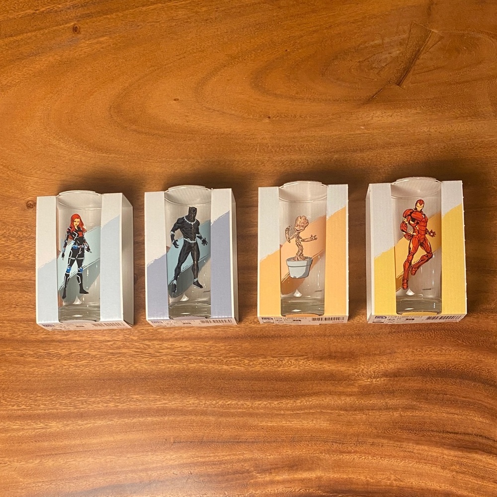 Marvel Hero Figurine glasses Collection - Red, Black, Blue, White, yellow  (4ct)